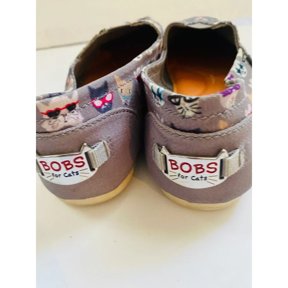 Skechers BOBS for Cats Grey Canvas Slip On Flats Glasses Print Shoes‎ sz 8